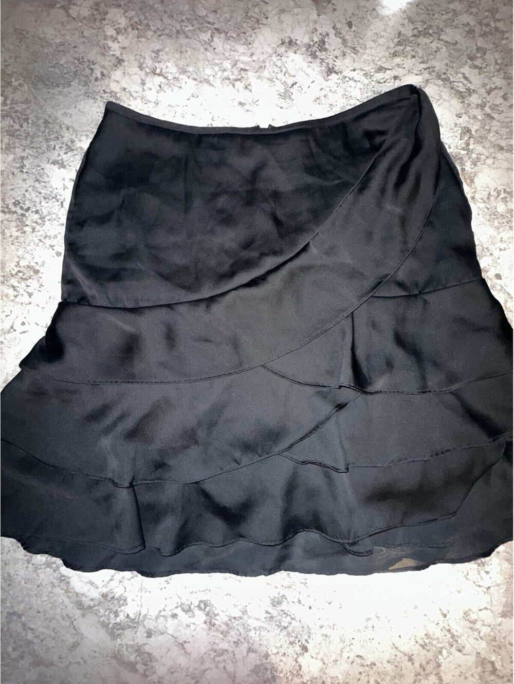 New York & Company Black Satin Tiered Ruffle Mini Skirt Lined Zip, Size 12